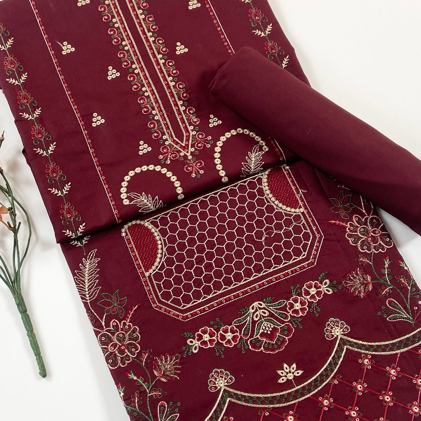 Ethnic Plain Emb Shirt & Trouser Lawn 2PC