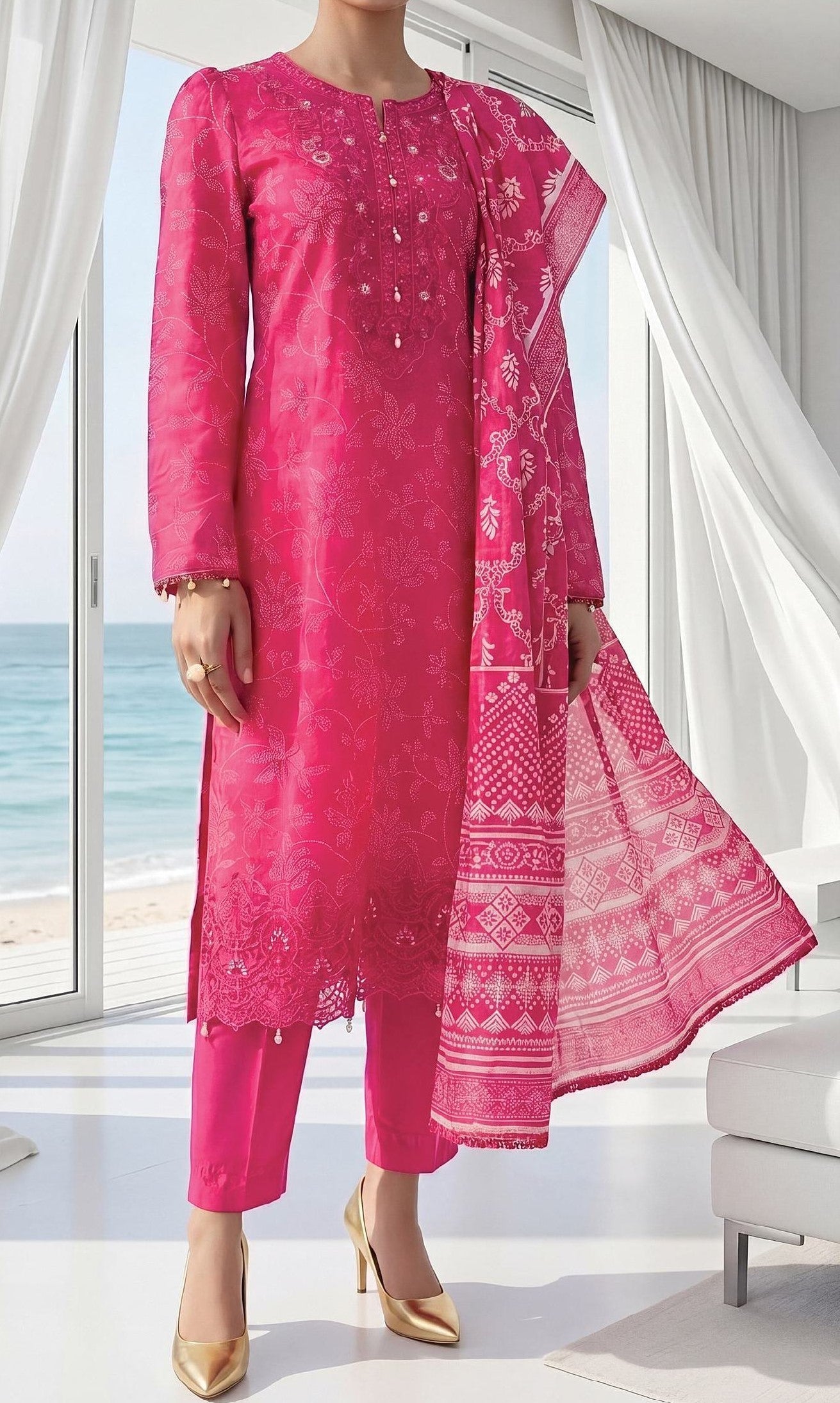 Fleur By Almeerah Premium Printed Lawn With Emb Patches 3PC